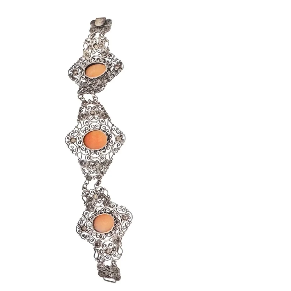 Antique 800 Silver Filigree‎ Hand Carved Cameo Bracelet
